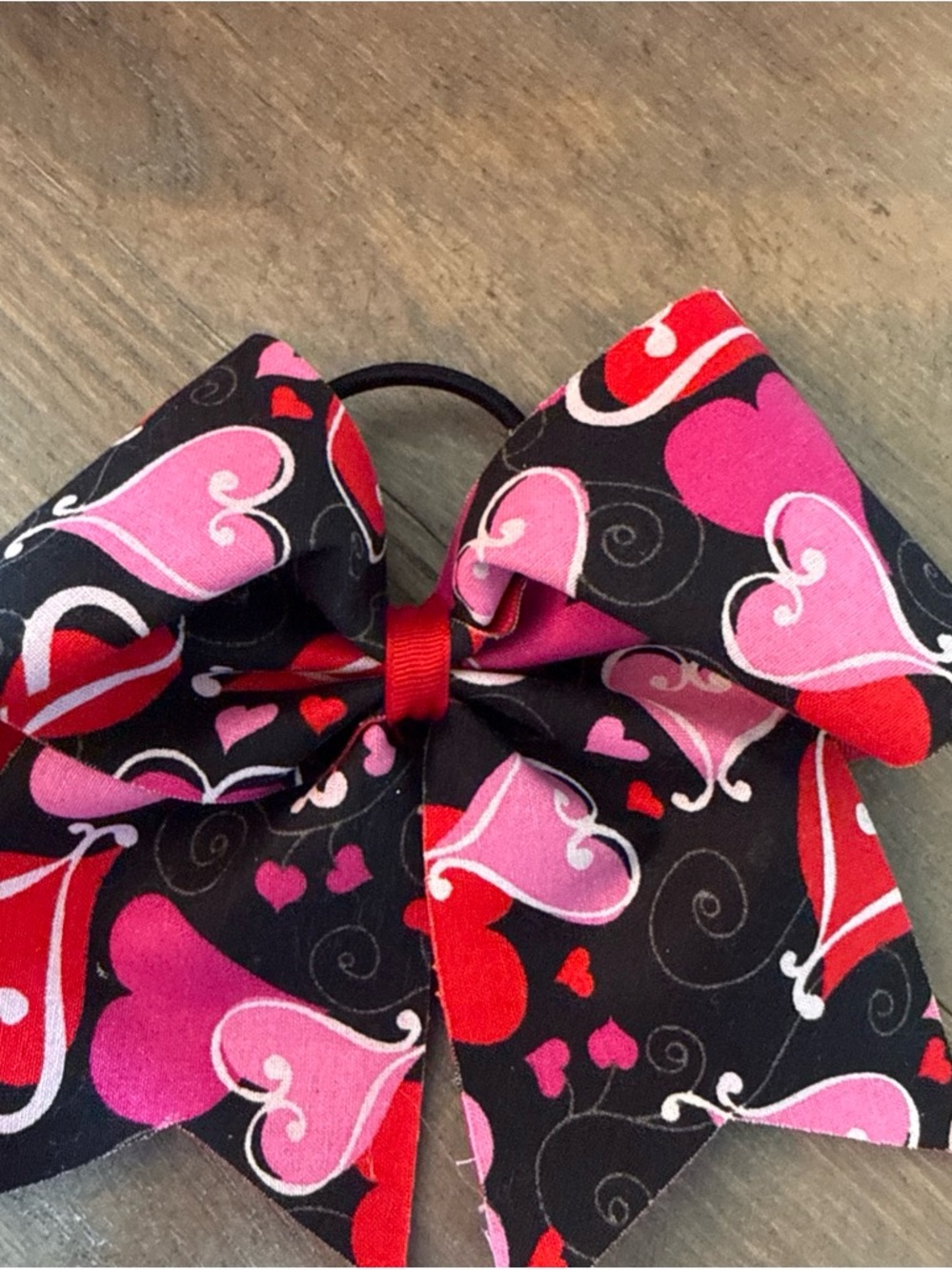 Kids Heart Print Hair Bow Elastic - Black, Pink & Red